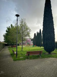un parco con due panche e un palo della luce di Vespucci Rooms & Apartament Eliana SELF CHECK-IN a Firenze