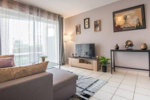 ein Wohnzimmer mit einem Sofa und einem TV in der Unterkunft L'escale in Angers
