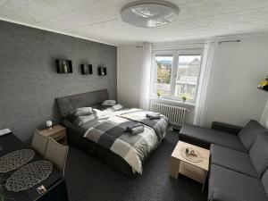 sypialnia z łóżkiem i kanapą w obiekcie Apartmány Karlovy Vary w Karlowych Warach