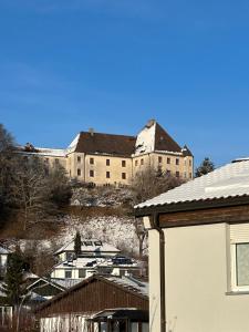 a large building on top of a hill with houses at ELMIRA in Memmingen