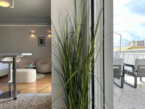 ein Wohnzimmer und ein Esszimmer mit einer Pflanze in der Unterkunft Cloud 9 - Smart apartment jacuzzi in Athen