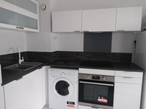 a white kitchen with a washing machine in it at Appartement Lyon 7 Gerland in Lyon