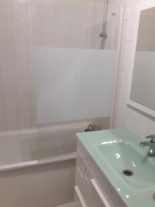 a white bathroom with a sink and a bath tub at Appartement Lyon 7 Gerland in Lyon