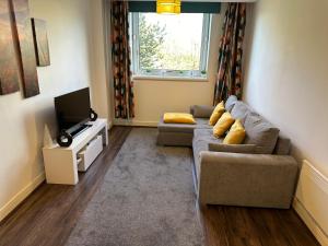 a living room with a couch and a television at The Landmark Brierley Hill in Dudley