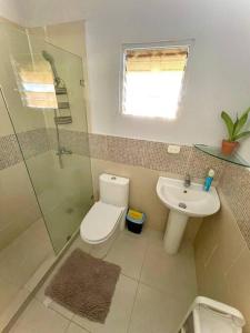 ein Bad mit einem WC, einem Waschbecken und einer Dusche in der Unterkunft Fascinating Apt/Near the beach in Mendoza