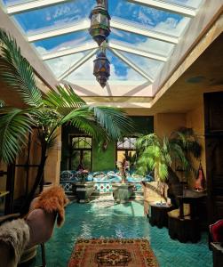 un salon avec un plafond en verre orné de plantes dans l'établissement B&B Agrabah, 1001 nights, à Lomm