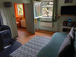 - un salon avec un canapé et une cheminée dans l'établissement Hexen Haus, à Burghaslach