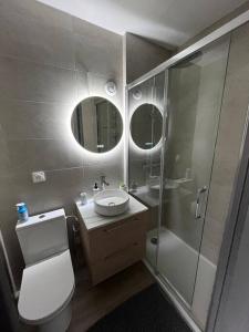 La salle de bains est pourvue d'une douche, de toilettes et d'un lavabo. dans l'établissement Le Tropical, à Bellegarde-sur-Valserine