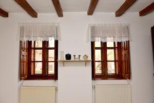 two windows in a white room with a radiator at Rigófütty Vendégház in Tiszaalpár