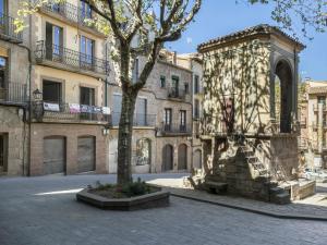 a building with a tree in the middle of a street at Cal Rellotger de Solsona in Solsona