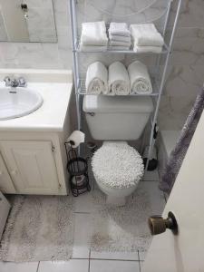 a bathroom with a toilet and a sink and towels at Refreshed Modern Country Feel Apartment in Ocho Rios