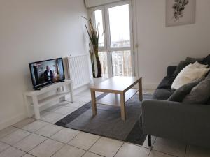 維勒瑞夫的住宿－masar confort，带沙发、桌子和电视的客厅