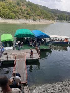 un groupe de personnes assises sur un quai avec deux bateaux dans l'établissement Konačište Apartmani Centar, à Sjenica