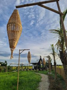 a wicker basket hanging from a pole in a field at Lúa Homestay in Soc Trang