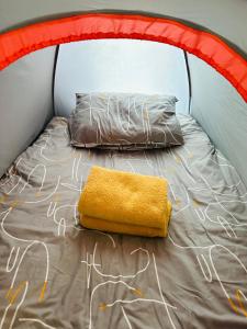 a bed in a room with an orange canopy at Little wooden hut in London