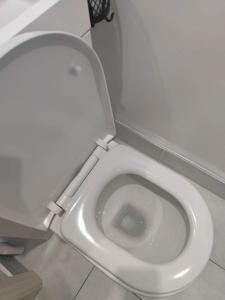um WC branco com o assento para cima na casa de banho em Little wooden hut em Londres