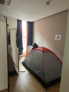 um quarto com uma tenda no canto de um quarto em Little wooden hut em Londres