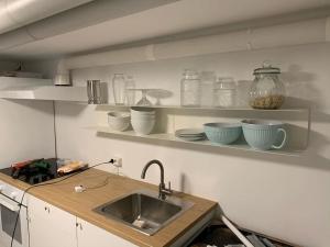 a kitchen with a sink and shelves with dishes at Mysigt centralt boende in Gothenburg