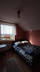 a bedroom with a bed in a red wall at Chess Apartament in Augustów