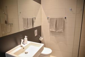 a bathroom with a sink and a toilet and a mirror at MEOS 3 -Zentrum-Hofblick-Gym-Netflix in Leipzig