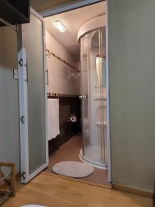 a bathroom with a shower and a glass door at Casa B & L Céntrico Departamento in Oaxaca City