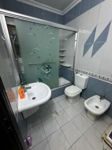 uma casa de banho com um lavatório e um WC em شقه فخمه مفروشه بالكامل في اربد em Irbid