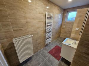 a bathroom with a white sink and a window at Slunný byt v klidné části Hradce Králové - zahrada, parkování zdarma in Hradec Králové