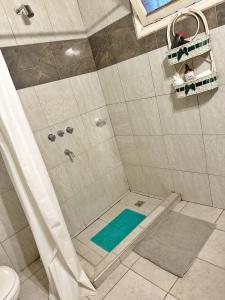 y baño con ducha y alfombra verde. en Terrales Zonda en San Juan