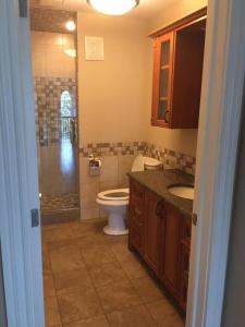 a bathroom with a shower and a toilet and a sink at Beautiful and Peaceful Home in Halifax +25 photos