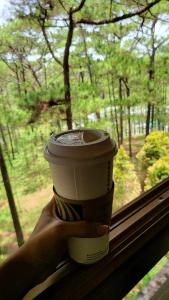 una mano sosteniendo una taza de café en una ventana en Unit 551,Privately Owned, Superior Room At the Forest Lodge Camp John Hay, Mountain View, 2 Double Beds en Baguio