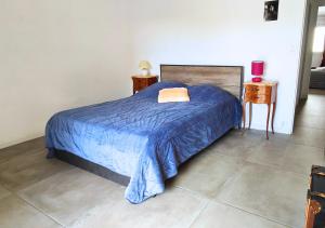 1 dormitorio con 1 cama con edredón azul en Spacieux T3 73 m2 idéalement situé au centre ville proche mer, en Hyères