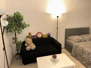 ein Wohnzimmer mit einem Teddybär auf einer Couch in der Unterkunft Schönes Zimmer in Bahnhofsnähe in einer Wohnung mit großer Terrasse in Gießen