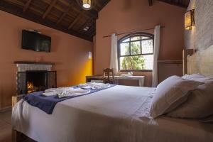 a bedroom with a bed with a fireplace and a television at Pousada Bem-te-vi in Monte Verde