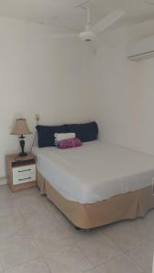 - une chambre blanche avec un lit et une lampe dans l'établissement Alojamientos Santa Marta La Unión, à La Unión