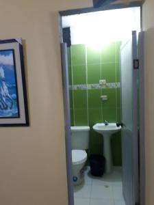 La salle de bains est pourvue de toilettes et d'un lavabo. dans l'établissement nice house in Ecuadorian Amazonia, à Tena