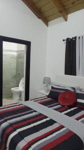 a bedroom with a bed and a bathroom with a toilet at Splendid 3 Bedroom House with Terrace -Near Utesa in Santiago de los Caballeros