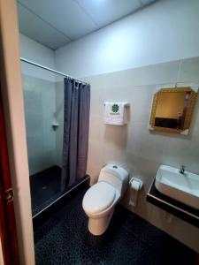 a bathroom with a toilet and a shower and a sink at HOTEL EL TREBOL in Yurimaguas