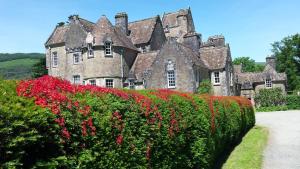 an old castle with red flowers in front of a hedge at Butlers Quarters Apartment in Cairndow