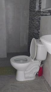 uma casa de banho com um WC branco e um lavatório. em HABITACIÓN PRIVADA tranquila y confortable em Bello