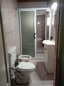 a bathroom with a toilet and a shower and a sink at Hermosa casa para vacaciones in Guaymallen