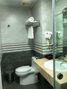 La salle de bains est pourvue de toilettes et d'un lavabo. dans l'établissement Hotel Nam Sơn Tân Dương, à Hoàng Mai