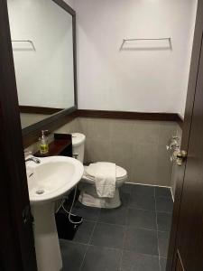 a bathroom with a sink and a toilet and a mirror at Mountain View,Room 549 Private Unit at The Forest Lodge,Camp John Hay Suites in Baguio