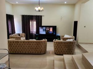 a living room with two couches and a tv at Prestigious Elegant Duplex - Abasscee in Freetown