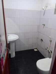 La salle de bains est pourvue de toilettes et d'un lavabo. dans l'établissement River Paradise, à Kalutara
