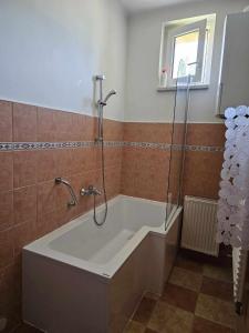 La salle de bains est pourvue d'une baignoire et d'une douche. dans l'établissement schönes Ferienhaus mit grossem Pool 4 km zum Balaton, à Balatonszentgyörgy