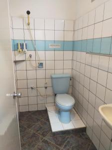 a bathroom with a blue toilet and a sink at HOTEL ANEKA BARU in Sleman