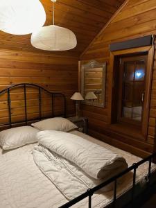 a bedroom with a bed in a wooden room at Beautiful *** Chalet Le Gentiane in L'Alpe du Grand Serre in La Morte