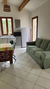 a living room with a green couch and a kitchen at Studio de 26 m2 tout équipé, avec extérieur in Rochegude