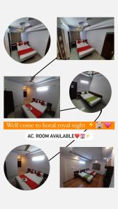 a collage of four pictures of a hotel room at hotel royal night in Ahmedabad