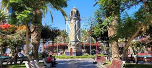 wieża zegarowa w środku parku z palmami w obiekcie MC Suite - Centro w mieście Antofagasta